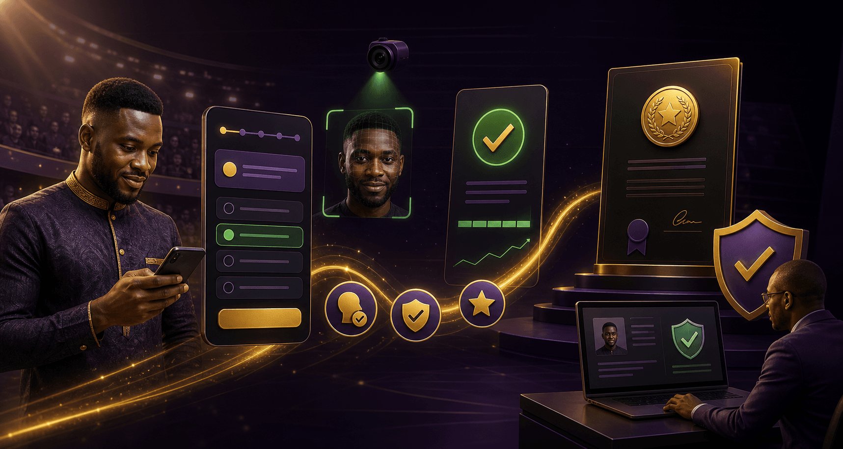A player moving from a verified quiz through integrity review to a certificate